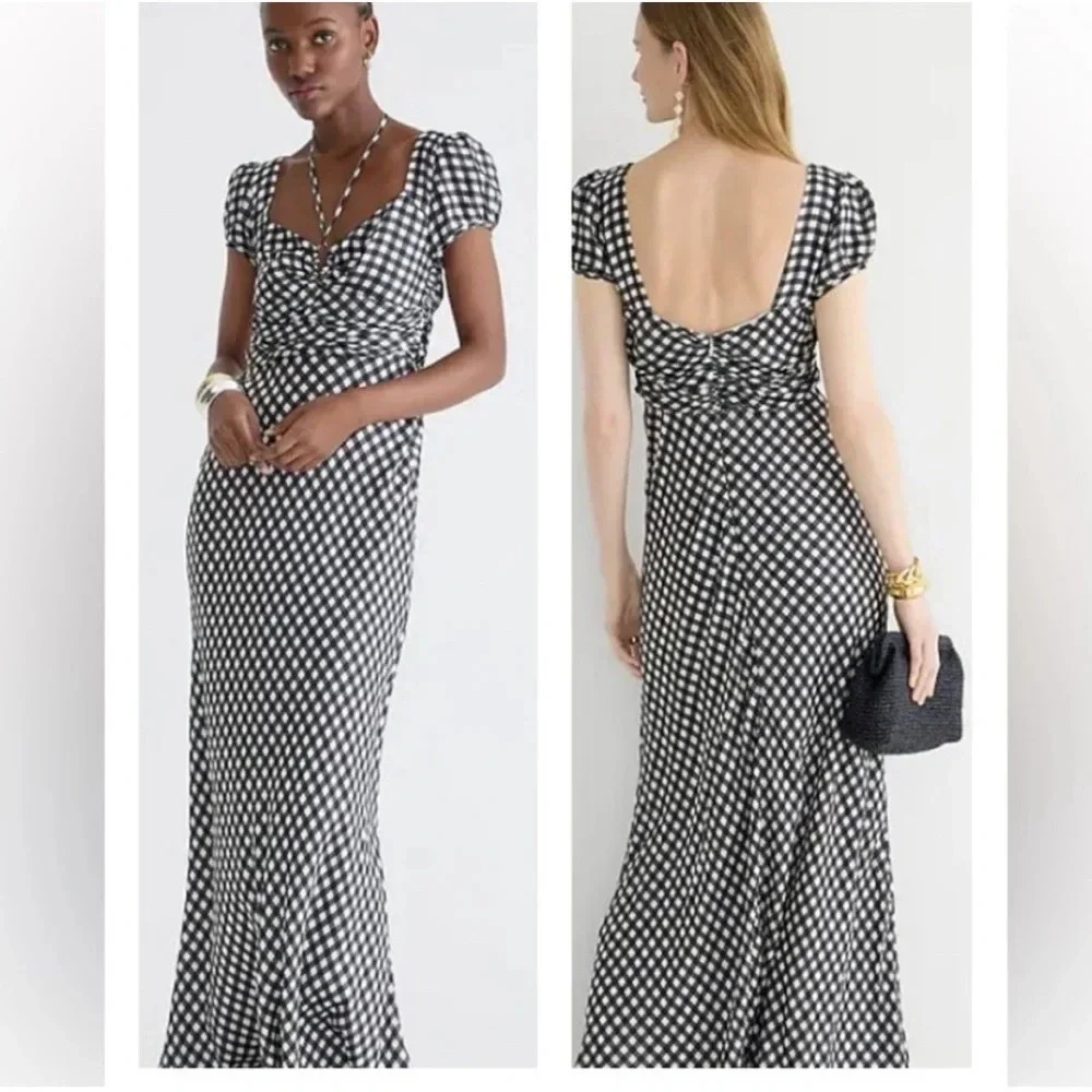 NWT J. CREW collection neck tie gingham satin feel maxi dress